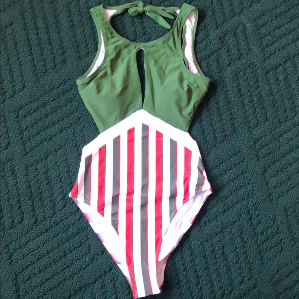 Green/White/Red Striped One Piece Swimsuit